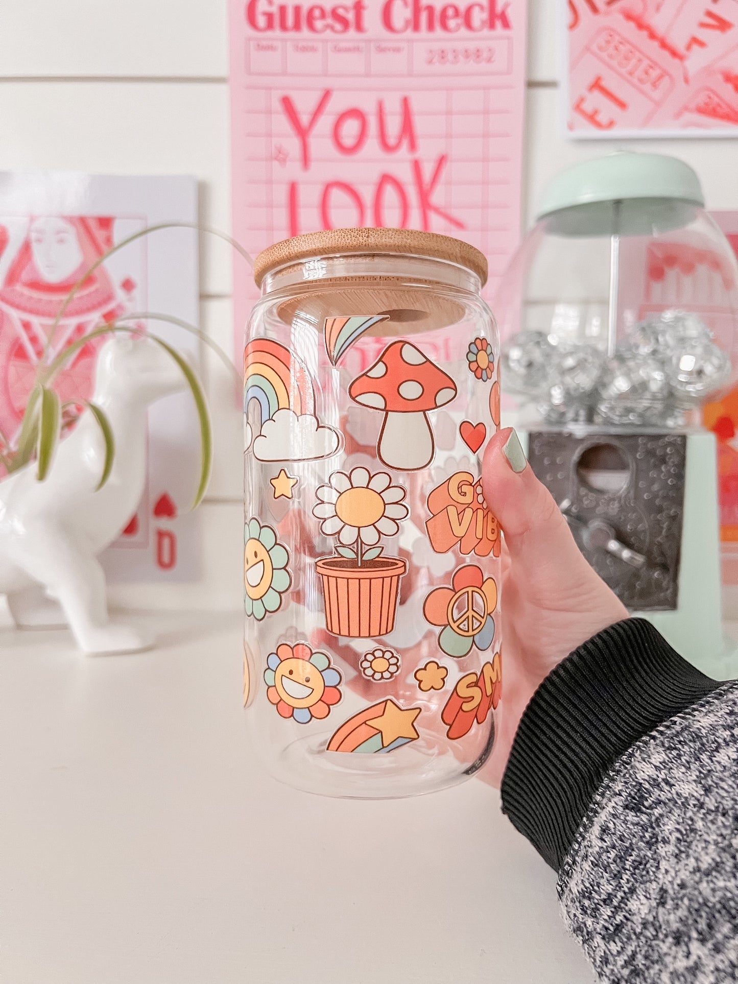 groovy shapes glass cup with bamboo lid and glass straw
