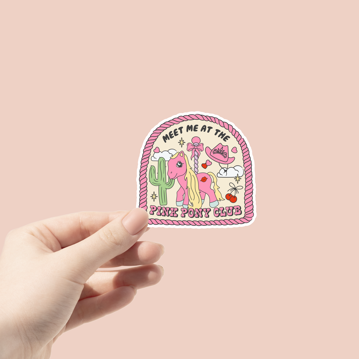 meet me at the pink pony club sticker with a pink pony