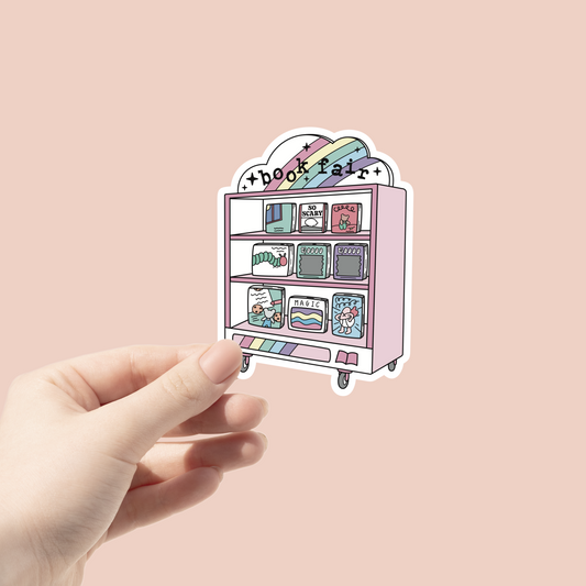 book fair shelf sticker with books on display