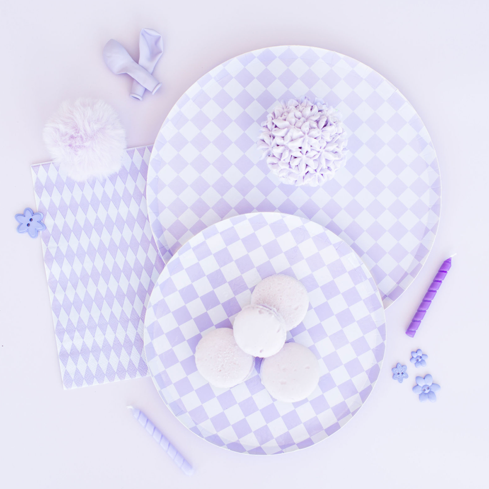 lavender check it! dinner plates, lavender and white checkered pattern