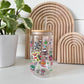 Glass cup with bamboo lid and glass straw featuring all the  iconic Christmas vacation movie clips