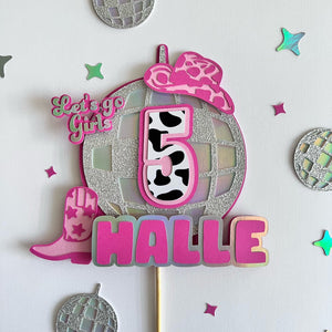 disco cowgirl cake topper with large disco ball and age in cow print