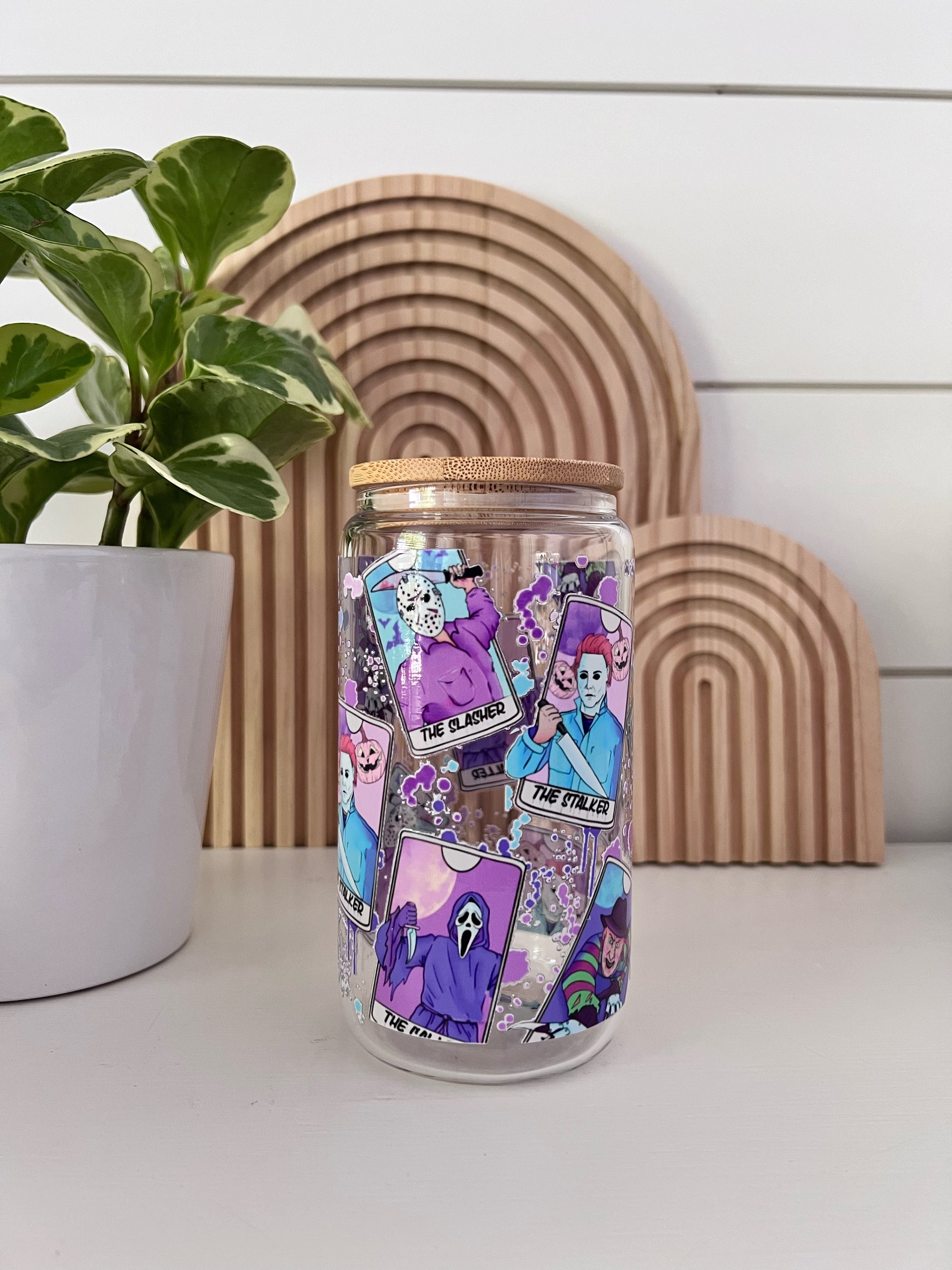glass cup with Halloweens favorite serial killers