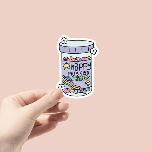 Happy Pills for Sad Times sticker, pill bottle is full of cute icons