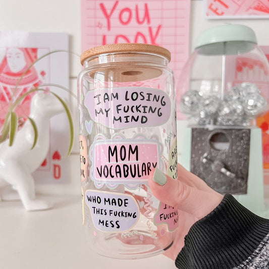 funny moms vocabulary glass cup with bamboo lid and glass straw