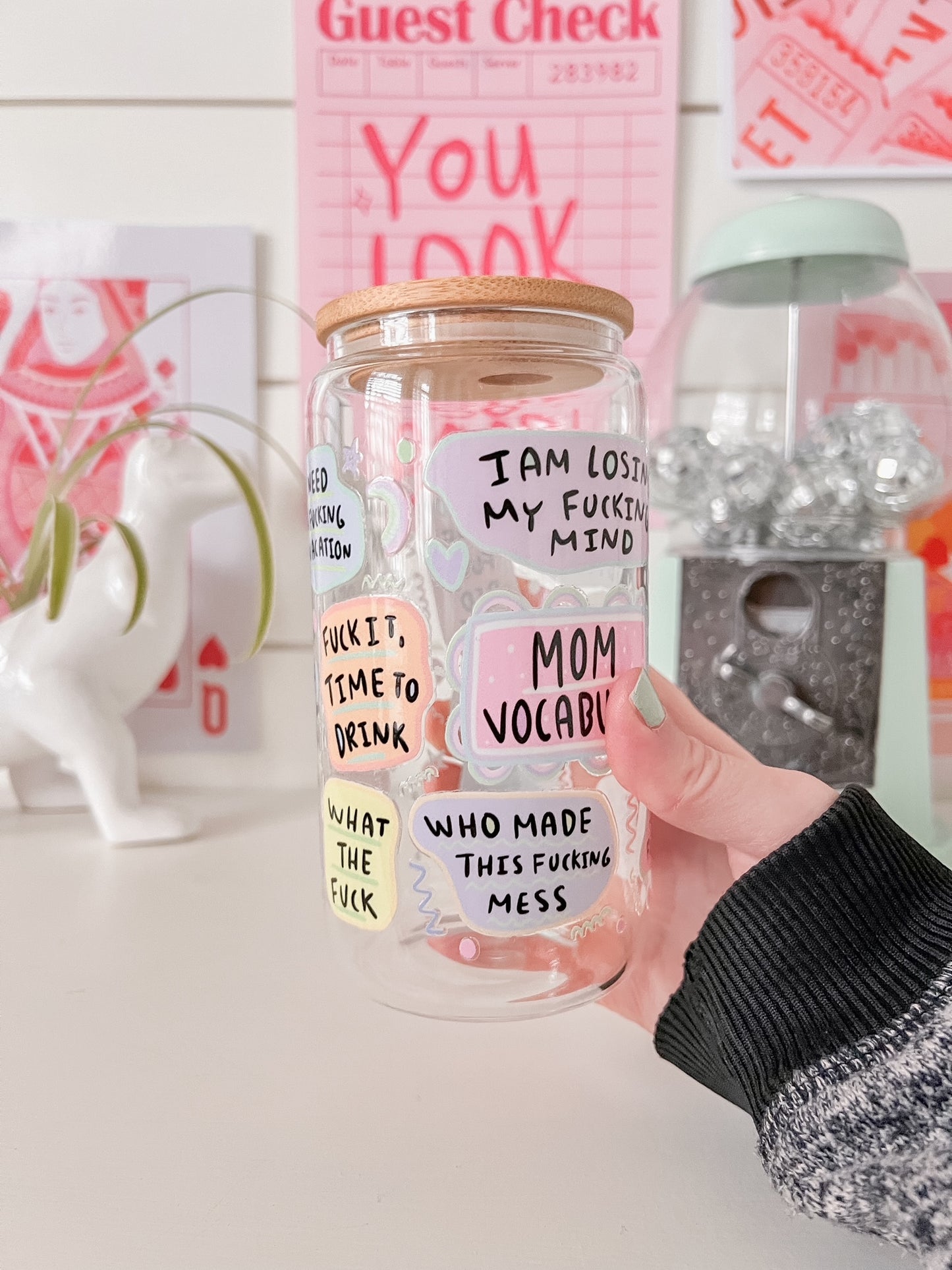 funny moms vocabulary glass cup with bamboo lid and glass straw