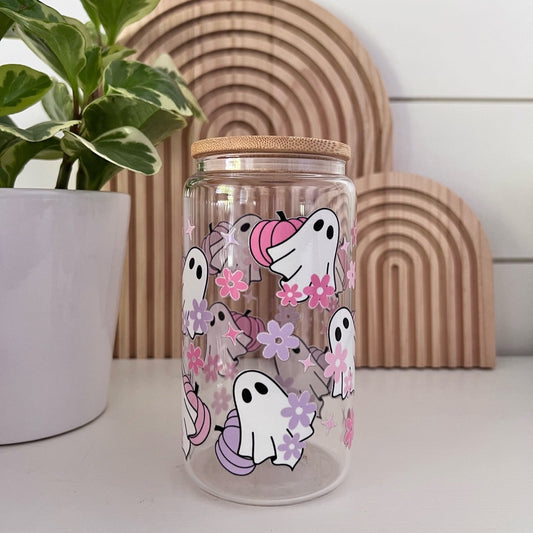 Glass Cup with ghosts and pastel pumpkin and daisy designs