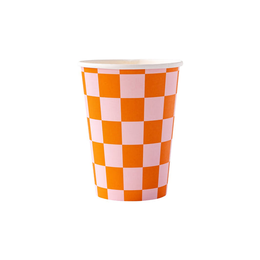 pink and orange checkered paper cup