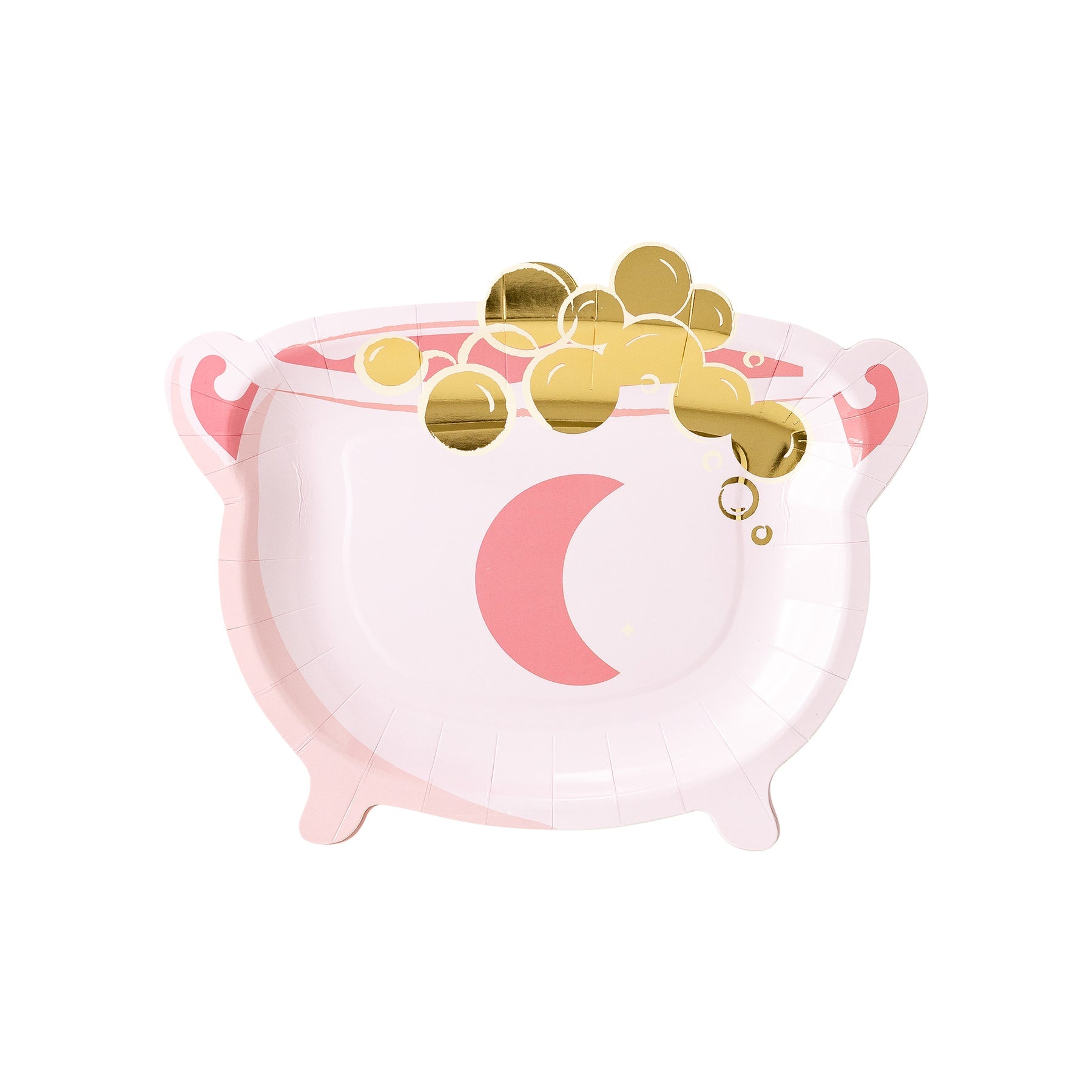 pink cauldron paper plates with a pink moon on front and gold foil bubbles