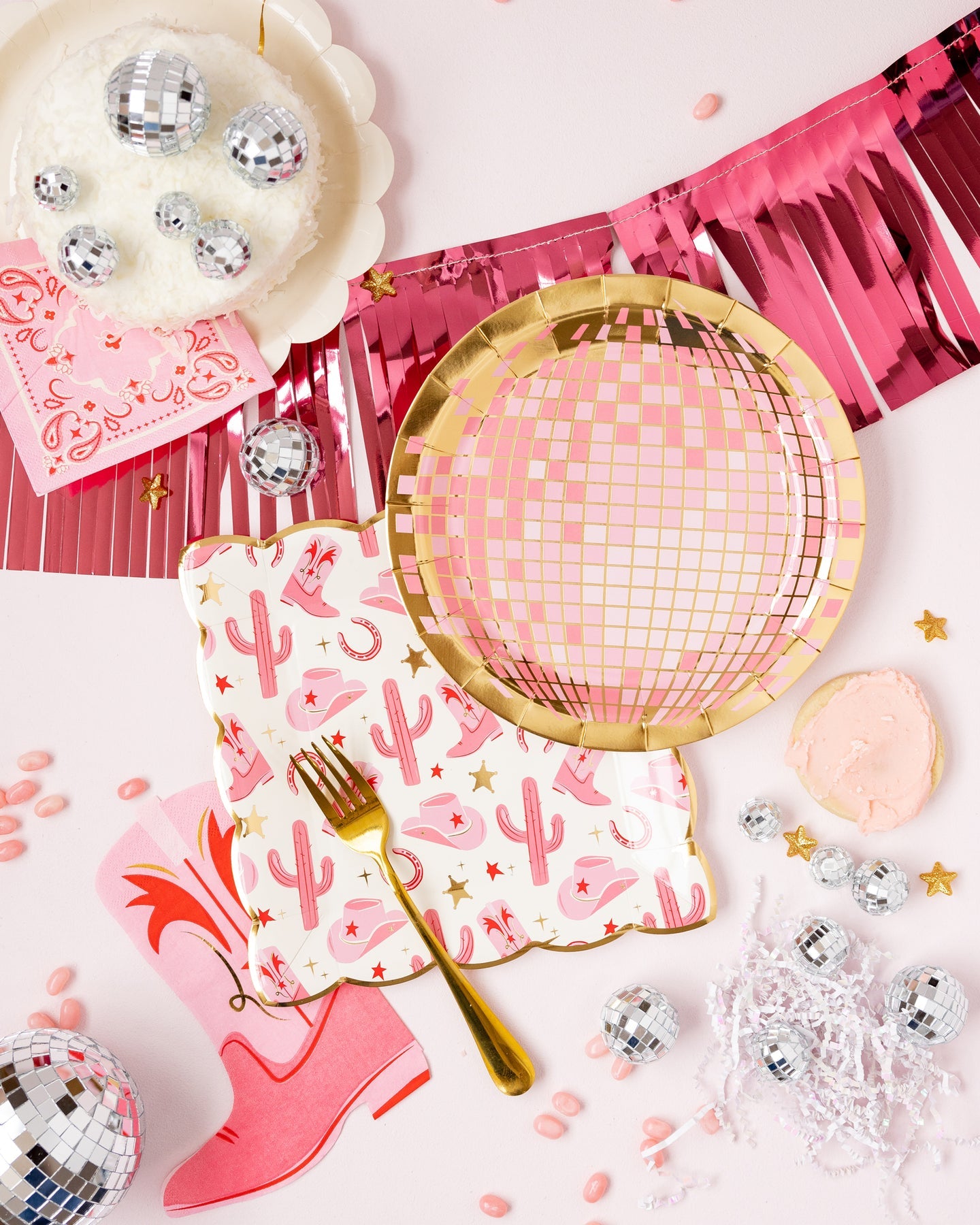 pink and gold disco ball plates with our other pink cowgirl items