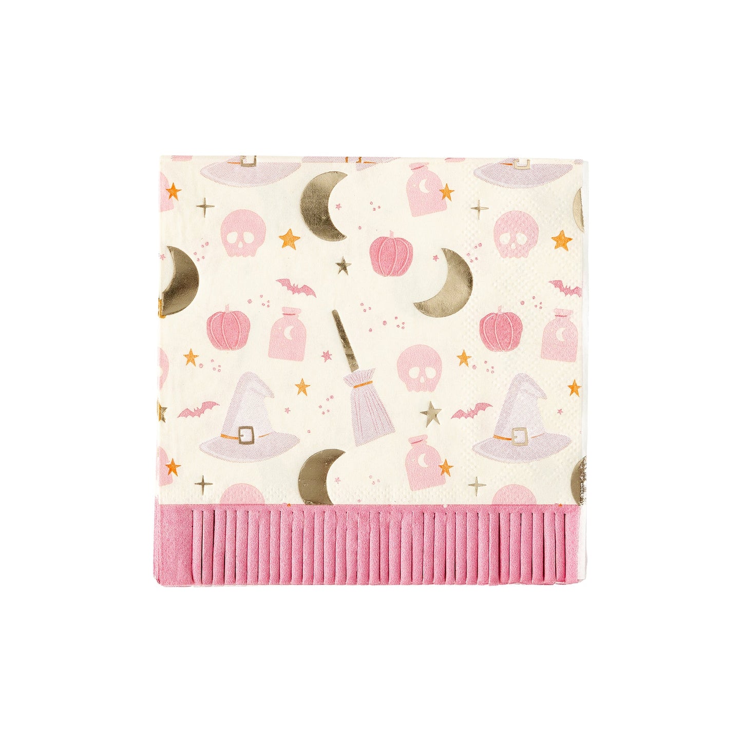 pink hpcus pocus paper napkins with pink fringe and fun halloween shapes