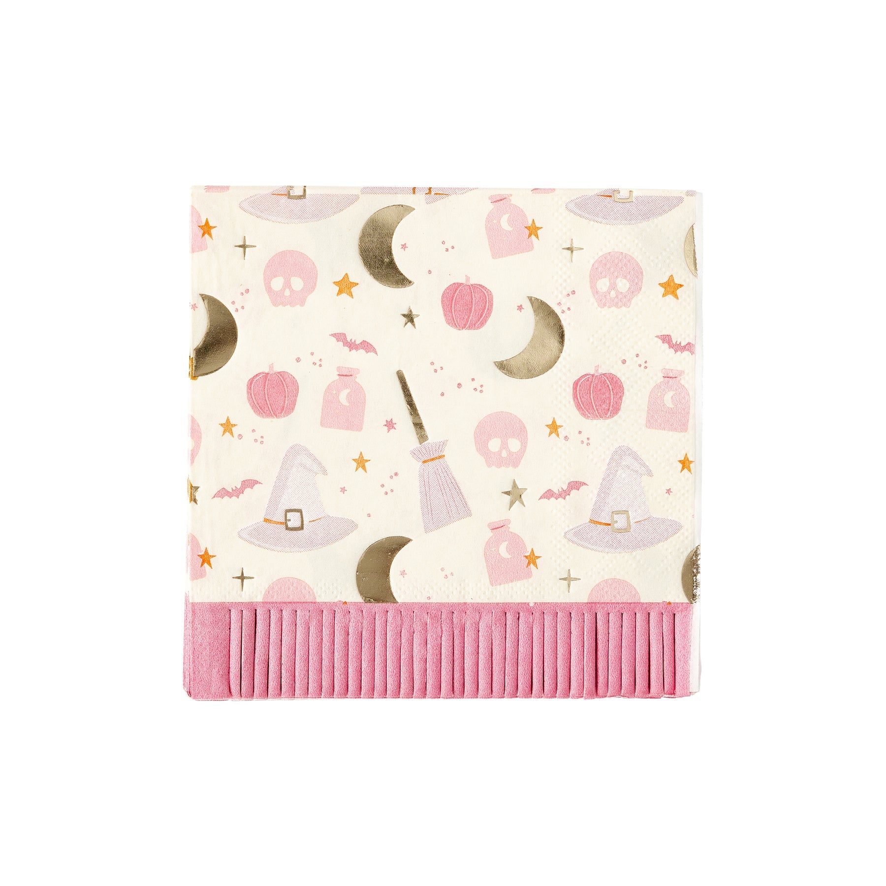 pink hpcus pocus paper napkins with pink fringe and fun halloween shapes