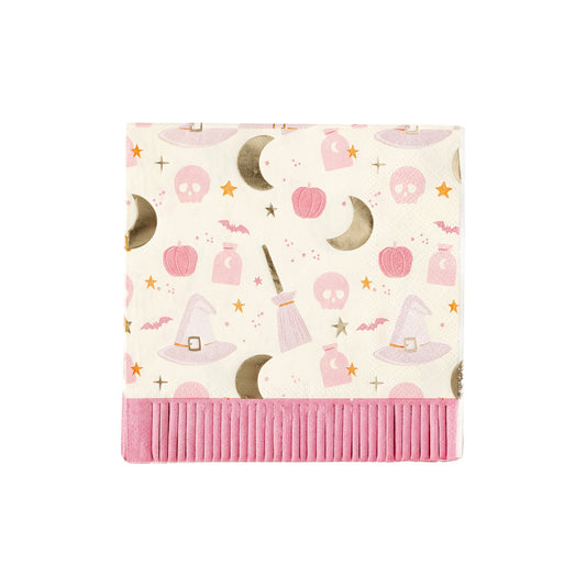 pink hpcus pocus paper napkins with pink fringe and fun halloween shapes