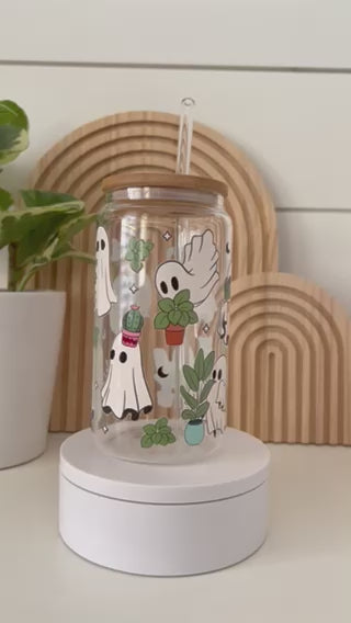 ghost with plants cup with bamboo lid and glass straw on turntable