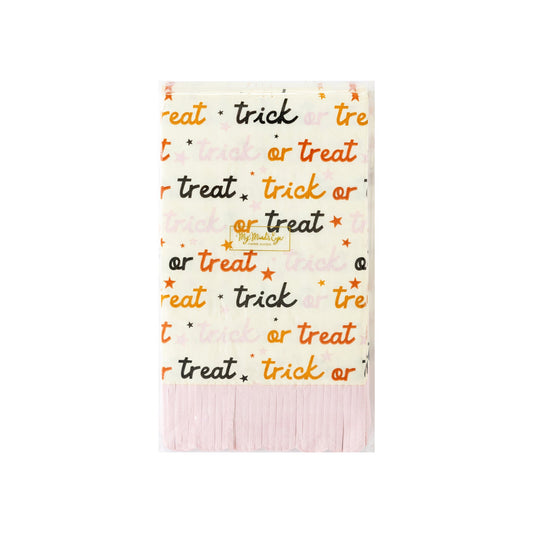 trick or treat paper dinner napkins with pink fringe at bottom