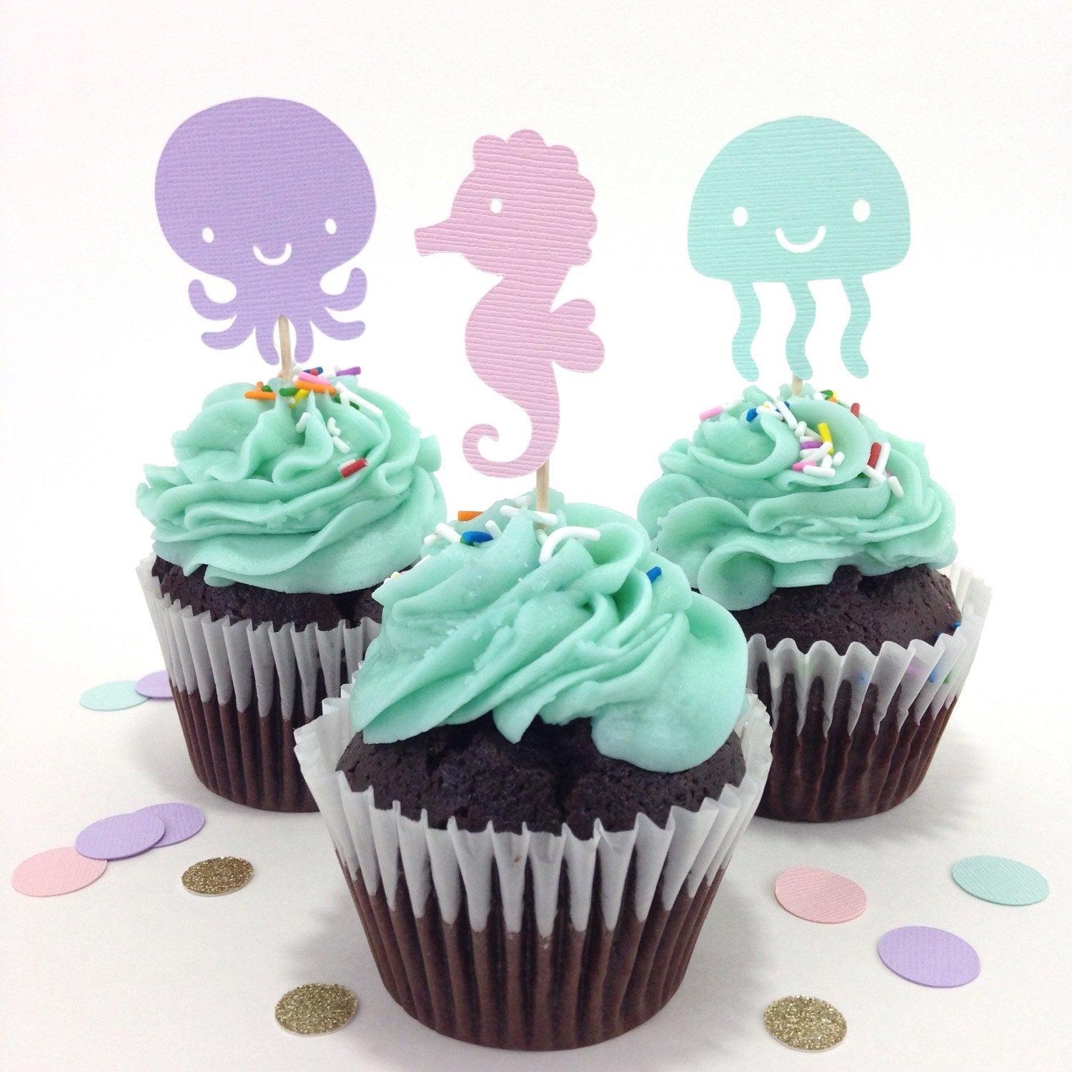 Under the Sea Cupcake Toppers - Mermaid Birthday Party Decor, Underwater Themed Party, Cupcake Decoration, Underwater Sea Creatures - glitterpaperscissors