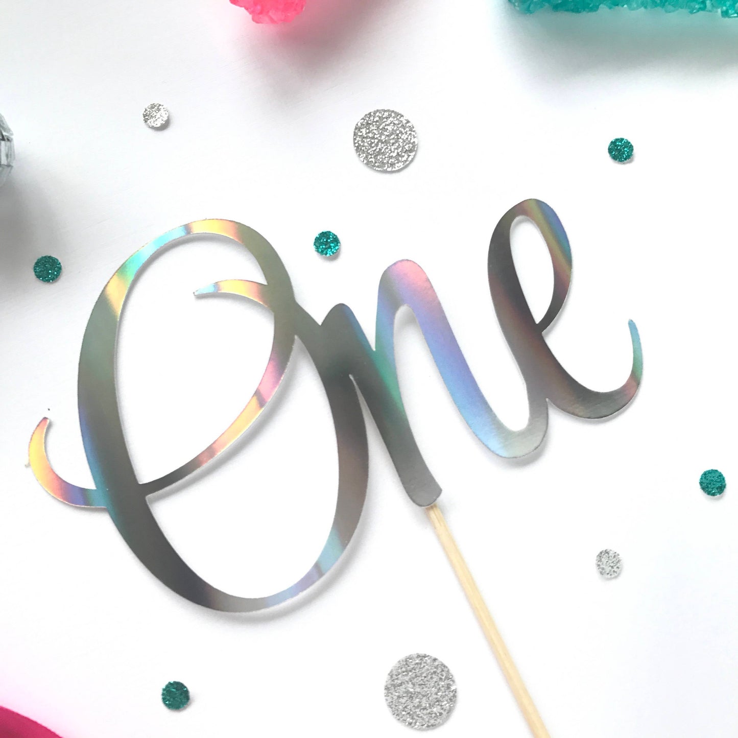 One cake topper, iridescent decor, first birthday, holographic Party Decor , First Birthday Topper, 1st Birthday, Cake Sign, Cake Smash - glitterpaperscissors